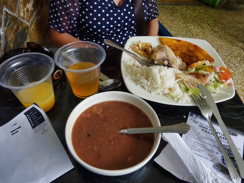 The Menu Del Dia included bean soup, a plate or chicken, rice, plantain, salad